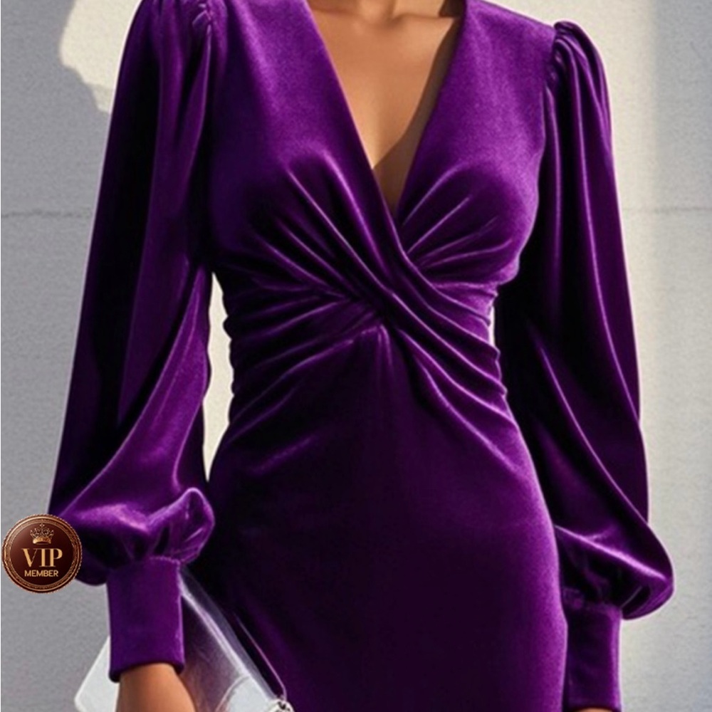 Purple Cross Ruched Velvet Neck Long Sleeve Puff Sheath Midi Dress - Picture 6 of 7